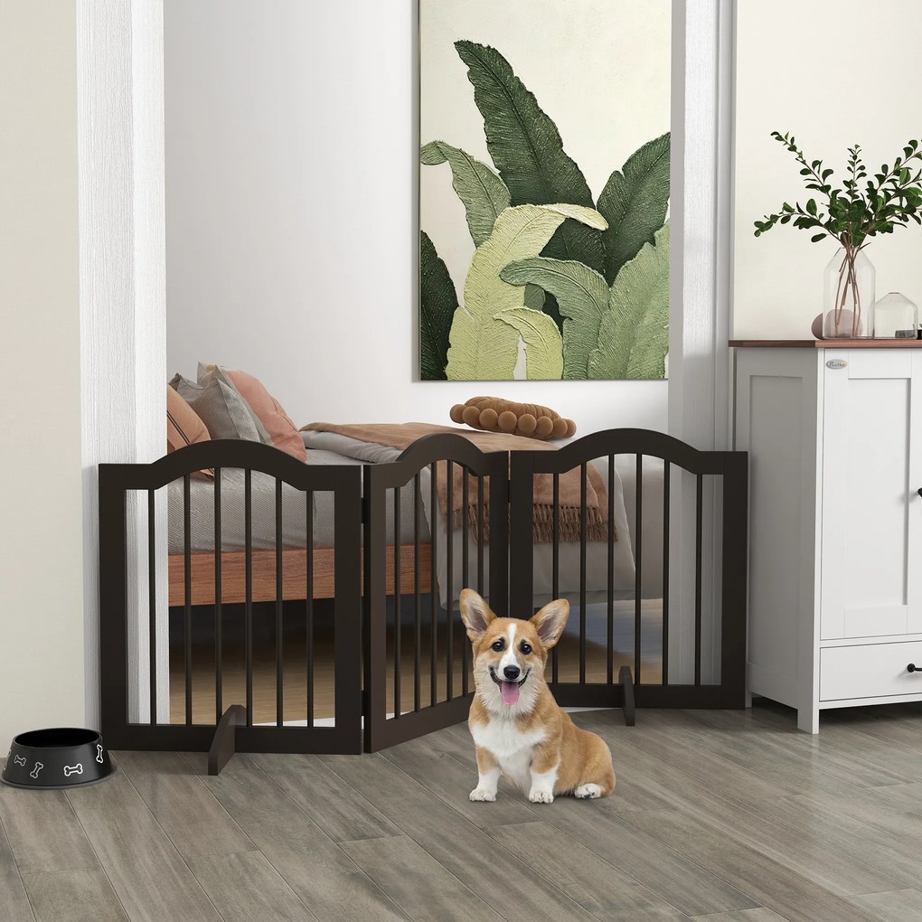 PawHut Barierka dla psów składana 3 panele drewno lite i MDF kolor kawa 1545x295x61 cm | Aosom PL