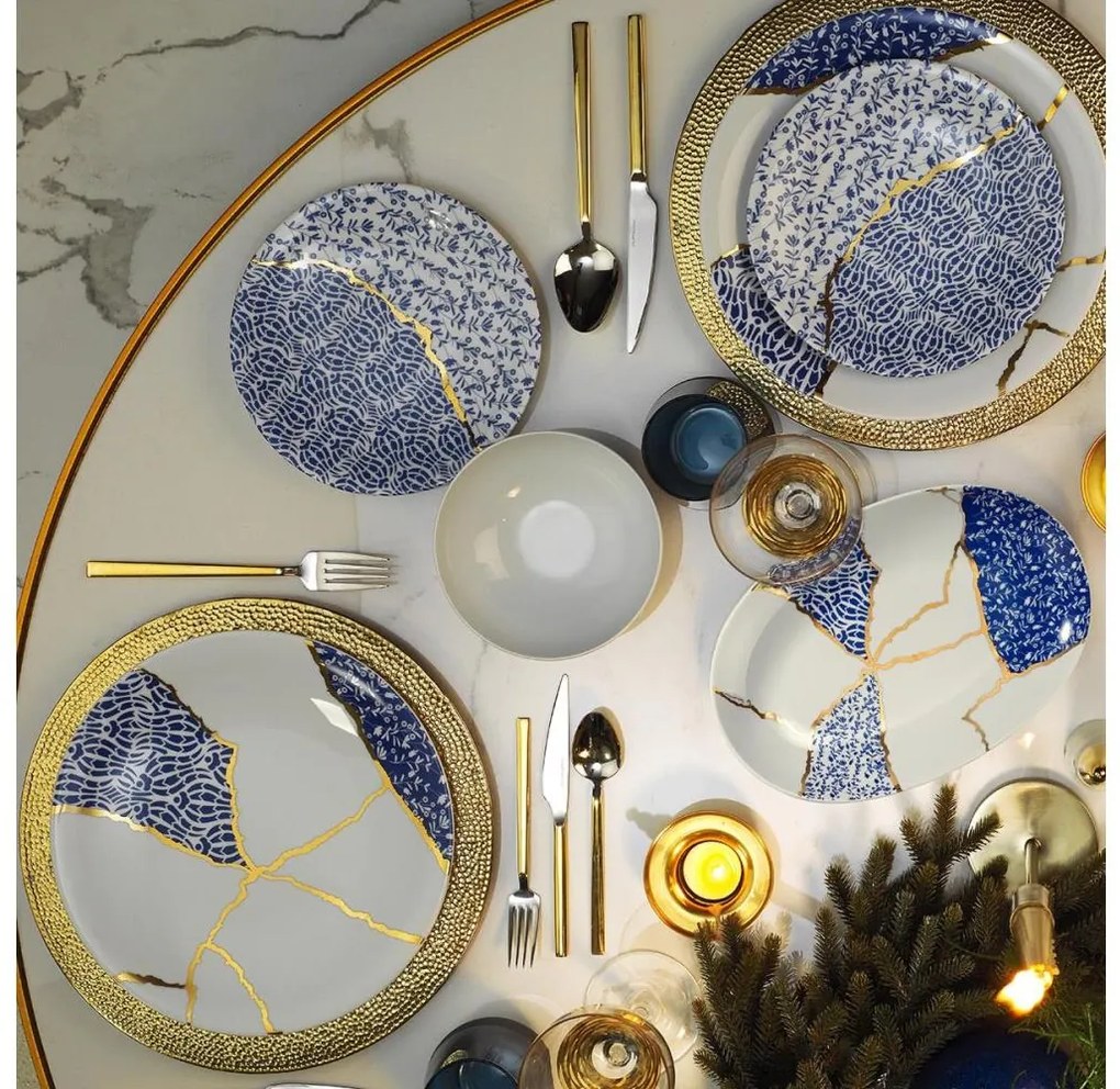 Porcelanowy zestaw obiadowy 28 elementów — biały/złoty/niebieski