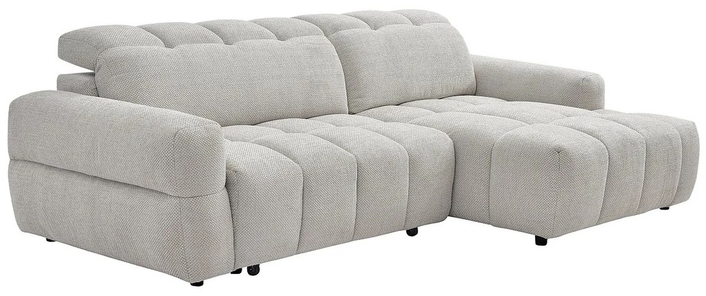 Kanapa narożna z funkcją relaksu, prawostronna, z elektrycznie wysuwanym siedziskiem, beżowa tkanina CARIALA