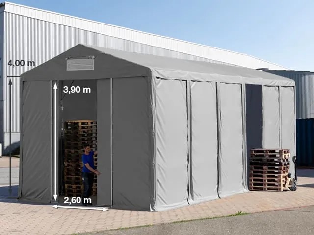 TOOLPORT 6x12m Namiot magazynowy - 4,0 m wysokość ścian bocznych z bramą przesuwną, PVC 850, szary, ze statyką (podłoże gruntowe) - (93808)