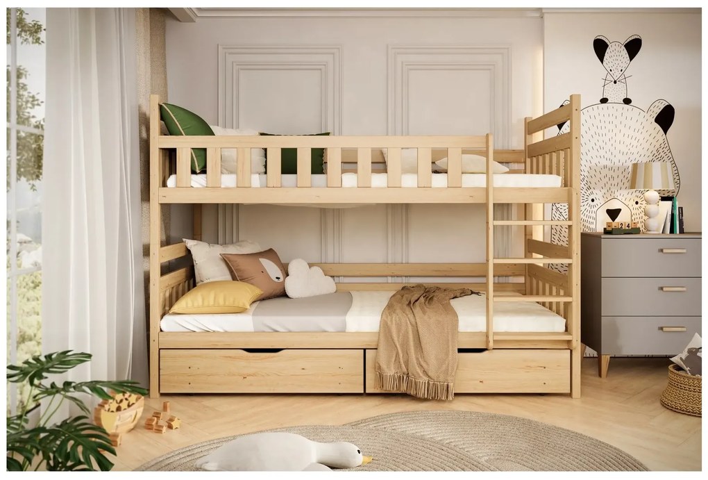 Łóżko piętrowe BARTEK 180x80 sosna lakierowana drewniane trzyosobowe z szufladami KOCOT KIDS