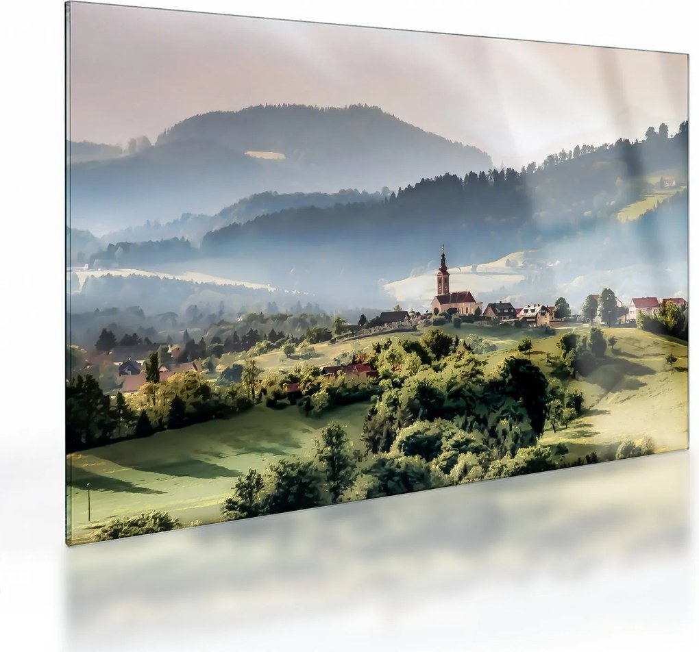 Obraz na szkle - wieś we mgle (70x50 cm)