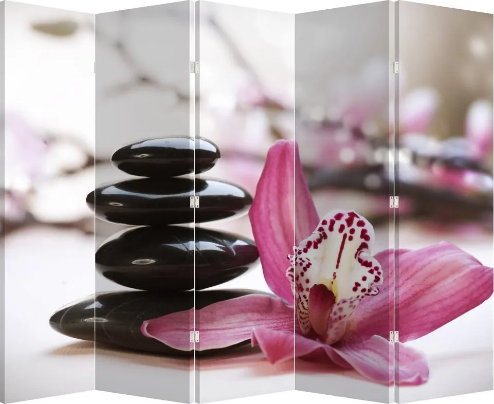 Parawan - Kamienie do masażu i storczyki (210x170 cm)