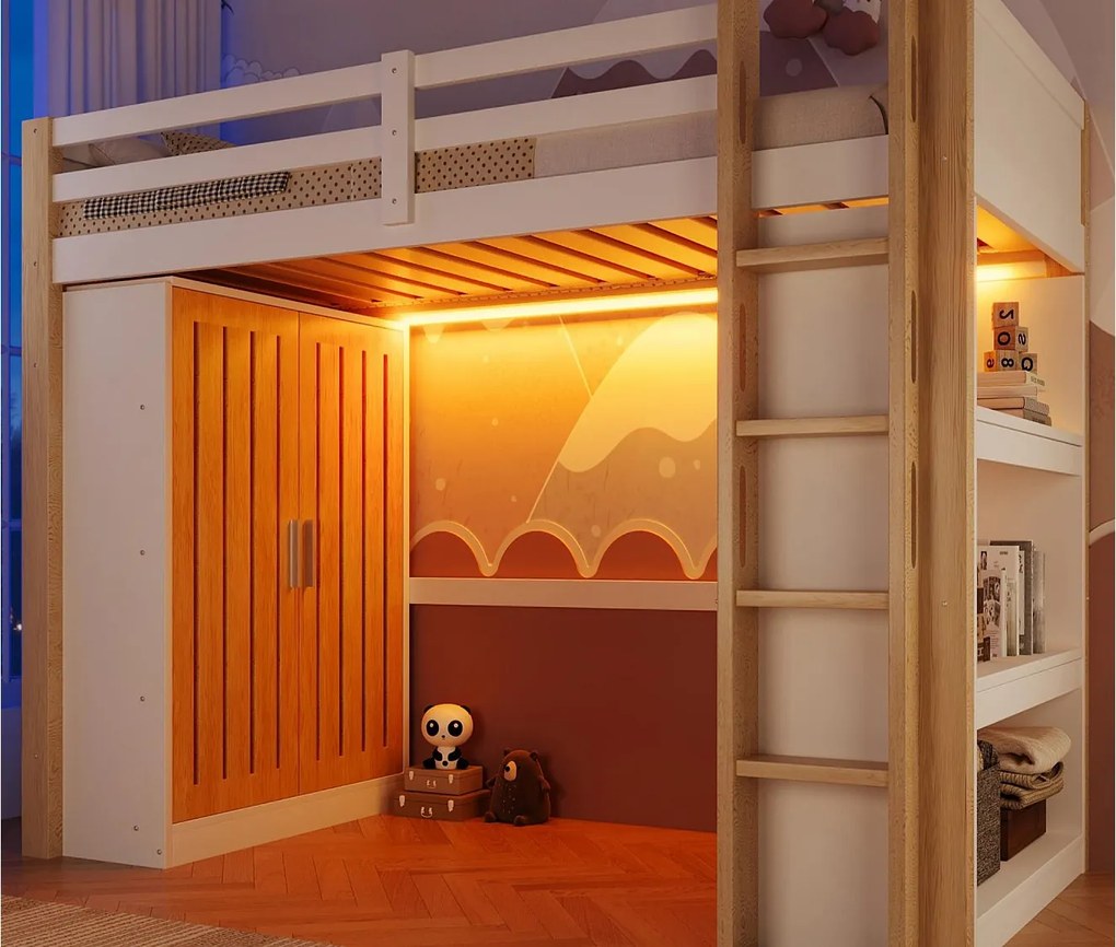 Łóżko na antresoli 90x200cm - z oświetleniem LED - z szafą - z półkami - biały + naturalny​ (materac nie jest wliczony w cenę)