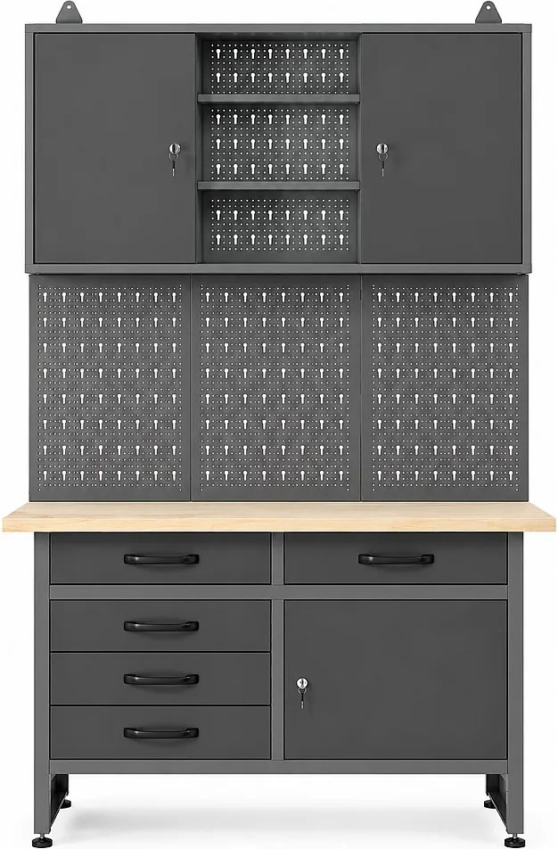 Stół warsztatowy z drewnianym blatem, panelem perforowanym i szafką ścienną ze Stali - szer. 120 x gł. 60 x wys. 205 cm - Szary BRICANO
