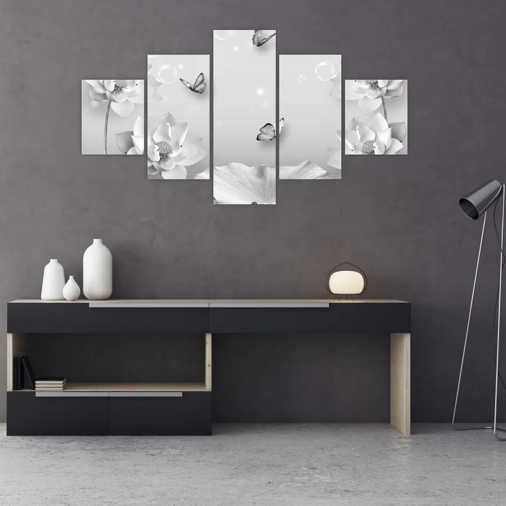 Obraz - Kwiatowy wzór z motylkami (125x70 cm)