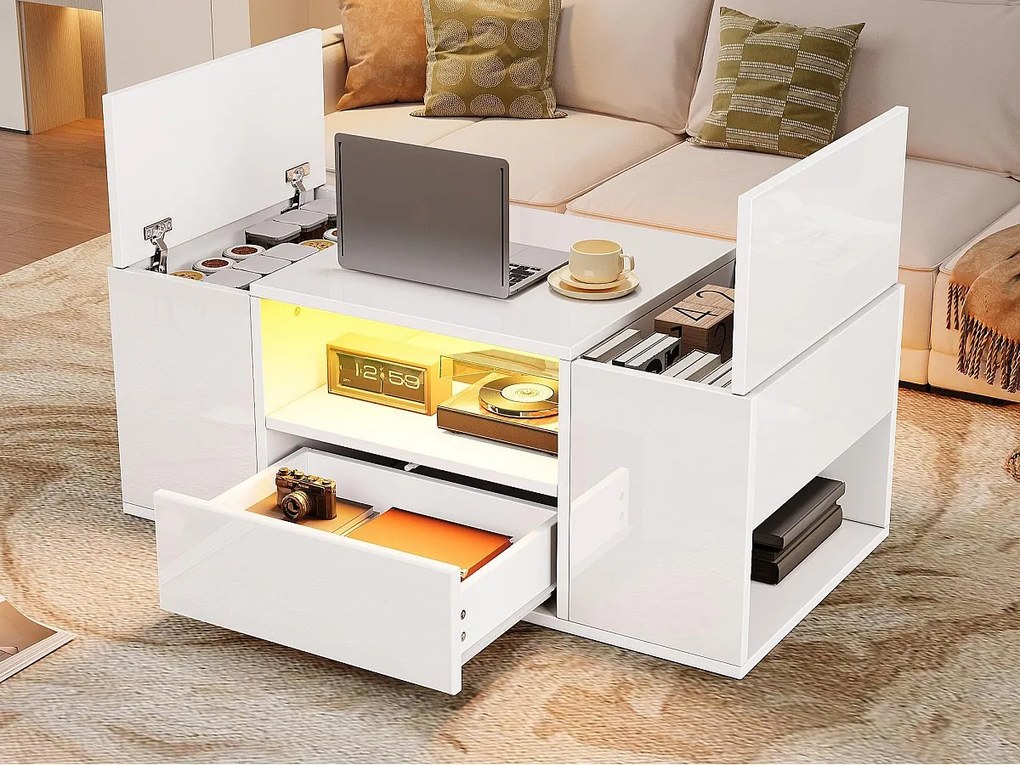 Błyszczący stolik kawowy 100x50x40 cm - z 1 szufladą i przegródkami do przechowywania - z oświetleniem LED - Płyta wiórowa - Biały
