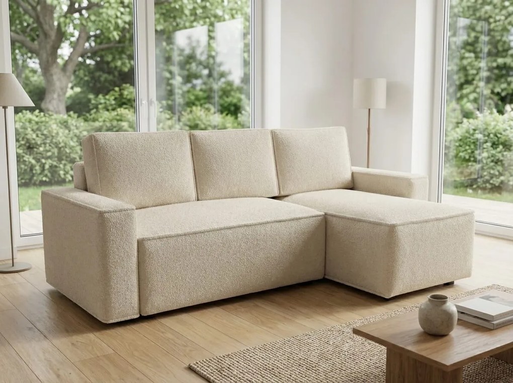Rozkładana dwustronna sofa narożna w kształcie L SMART BOUCLE 232x143 cm, kremowa
