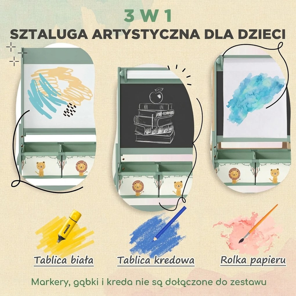 AIYAPLAY Dziecięca tablica 3-w-1 z tablicą kredową, białą tablicą, papierową rolką, 2 koszami, dla dzieci 3-8 lat, zielona | Aosom PL