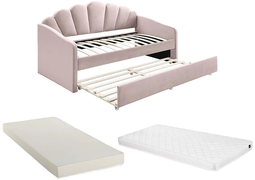 Łóżko wysuwane muszla 2 x 90 x 190 cm - Welur - Różowy + Materac - ELUSIA