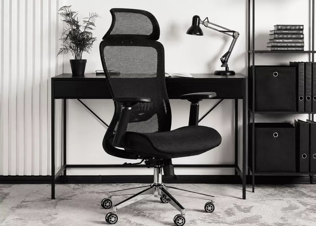 Fotel obrotowy Valles – ergonomiczny czarny fotel biurowy z regulowanym zagłówkiem