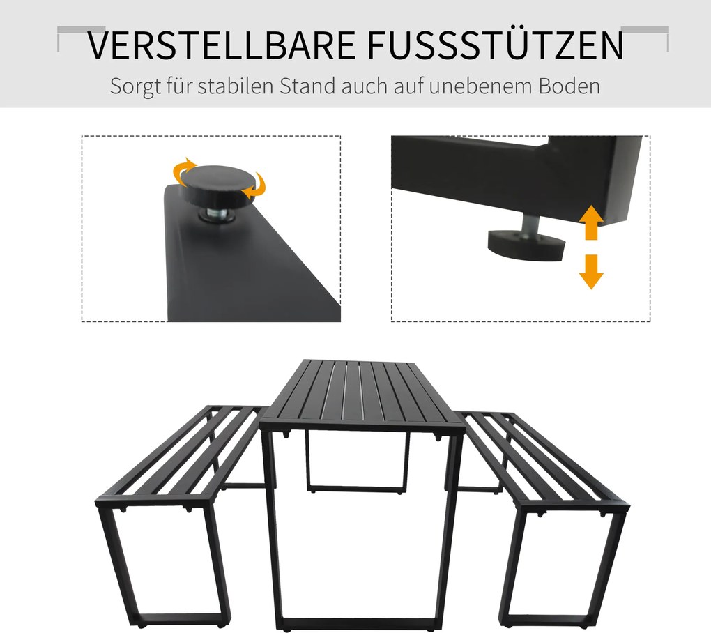 Outsunny Stylowy Zestaw Mebli Ogrodowych 3-częściowy - Stół i 2 Ławki, Metalowa Konstrukcja, Czarny Kolor, 110x55x70cm
