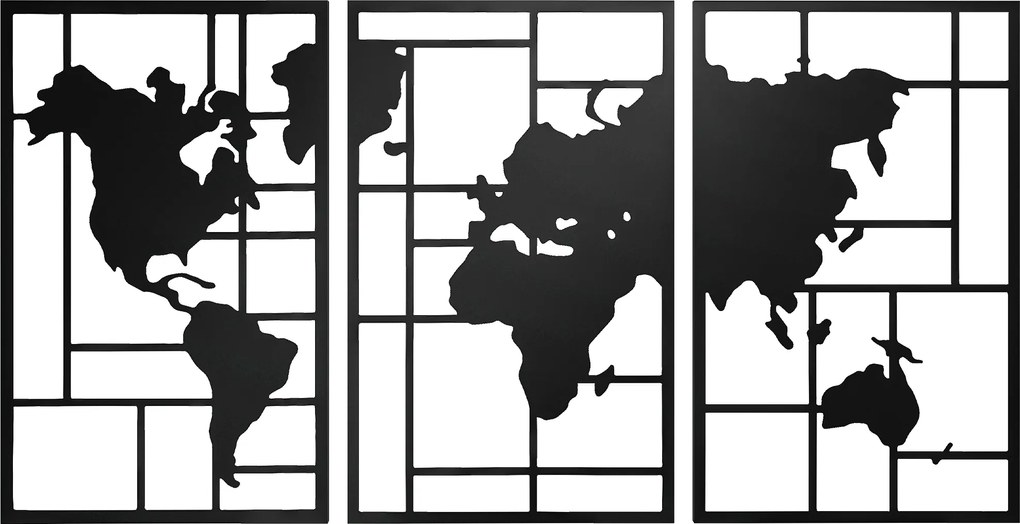 HOMCOM Dekoracja ścienna z metalu, 3 części, mapa świata, sztuka na ścianę do salonu, sypialni, przedpokoju, 50 x 80 cm, czarny | Aosom PL