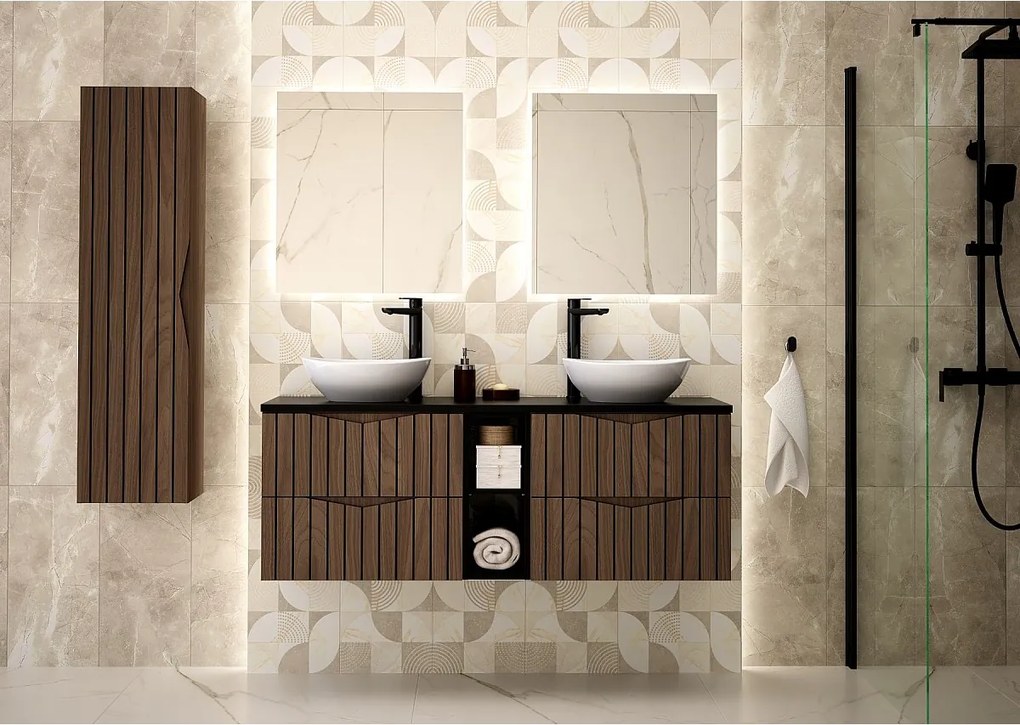 Zestaw Łazienkowy 140cm Szafka z Blatem Regał Ryflowane Fronty Dąb Orzech Stella