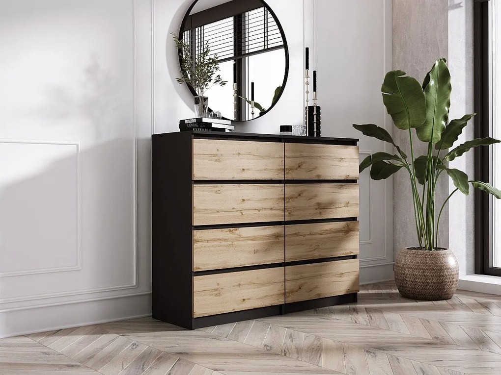 Komoda 8 szuflad: Czarny Mat / Dąb Wotan, 120 x 101 x 39 cm
