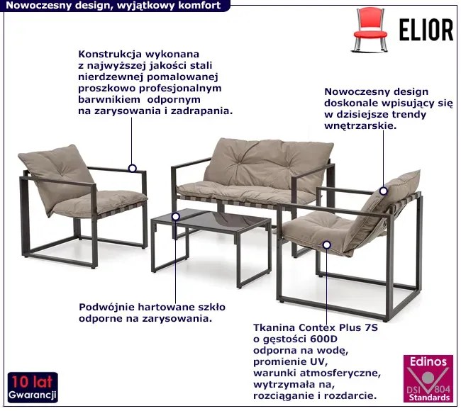 Beżowy zestaw ogrodowy sofa + 2 fotele + ława - Denoli