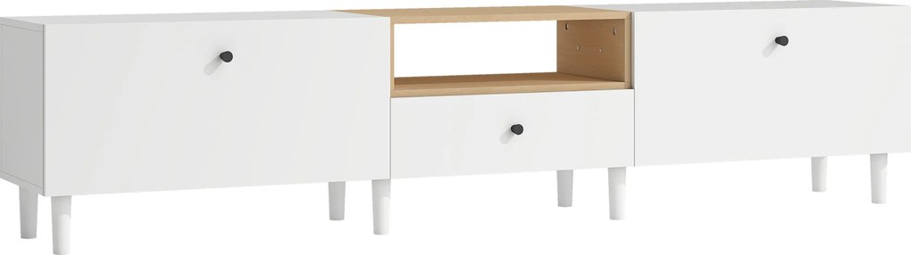 HOMCOM Komoda RTV 200 cm do telewizorów do 228,6 cm, 2 klapy, otwarta półka, szuflada, 8 nóg, płyta wiórowa, biały