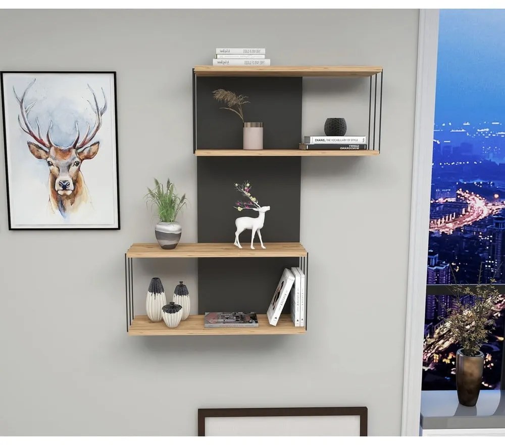 Antracytowo-naturalna wielopoziomowa półka w dekorze sosny 65 cm Destan – Kalune Design