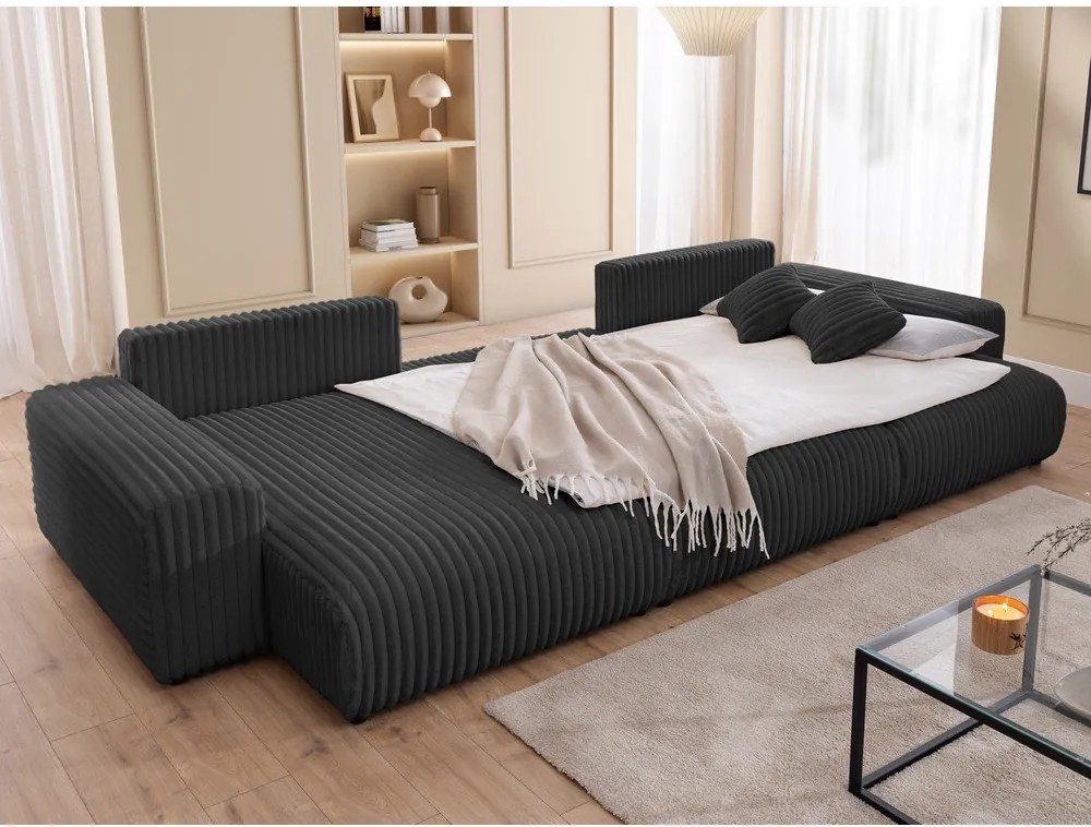 Ciemnoszary sztruksowy rozkładany narożnik ze schowkiem (w kształcie litery U) Sarina – Ropez