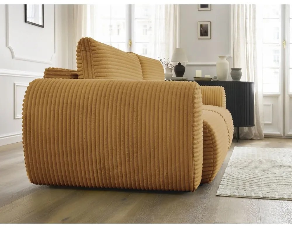 Musztardowa sztruksowa rozkładana sofa 257 cm Lucien – Bobochic Paris
