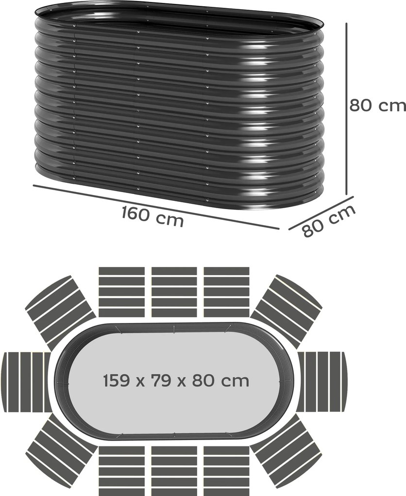 Outsunny Skrzynia na kwiaty, metalowa doniczka z bezpiecznymi krawędziami i rękawicami, otwarte dno, 160S x 80G x 80W cm, Ciemnoszary