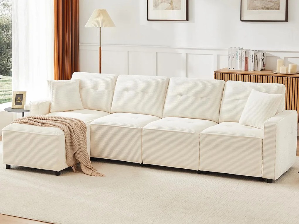 Nowoczesna kanapa z żebrowanego weluru - miejsce do przechowywania pod spodem - z wolnoporuszającym się podnóżkiem - Beżowy