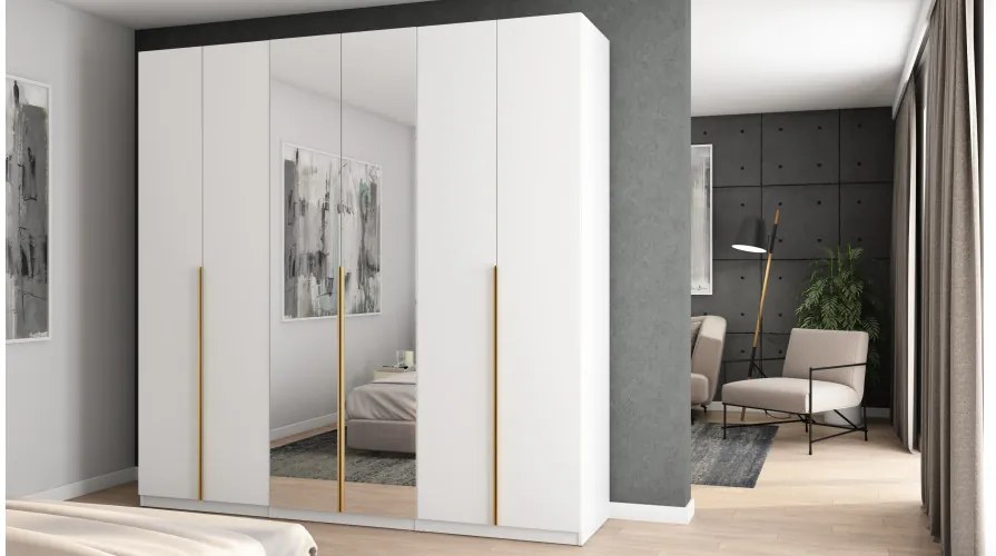 Szafa 6 drzwiowa z lustrem otwierana 240 x 240 cm – biała ze złotymi uchwytami