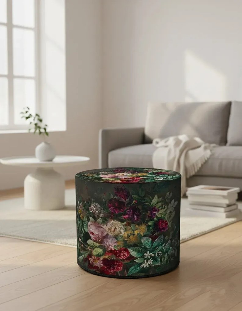 Zielono-czerwona tapicerowana pufa z motywem florystycznym Z4-Z86
