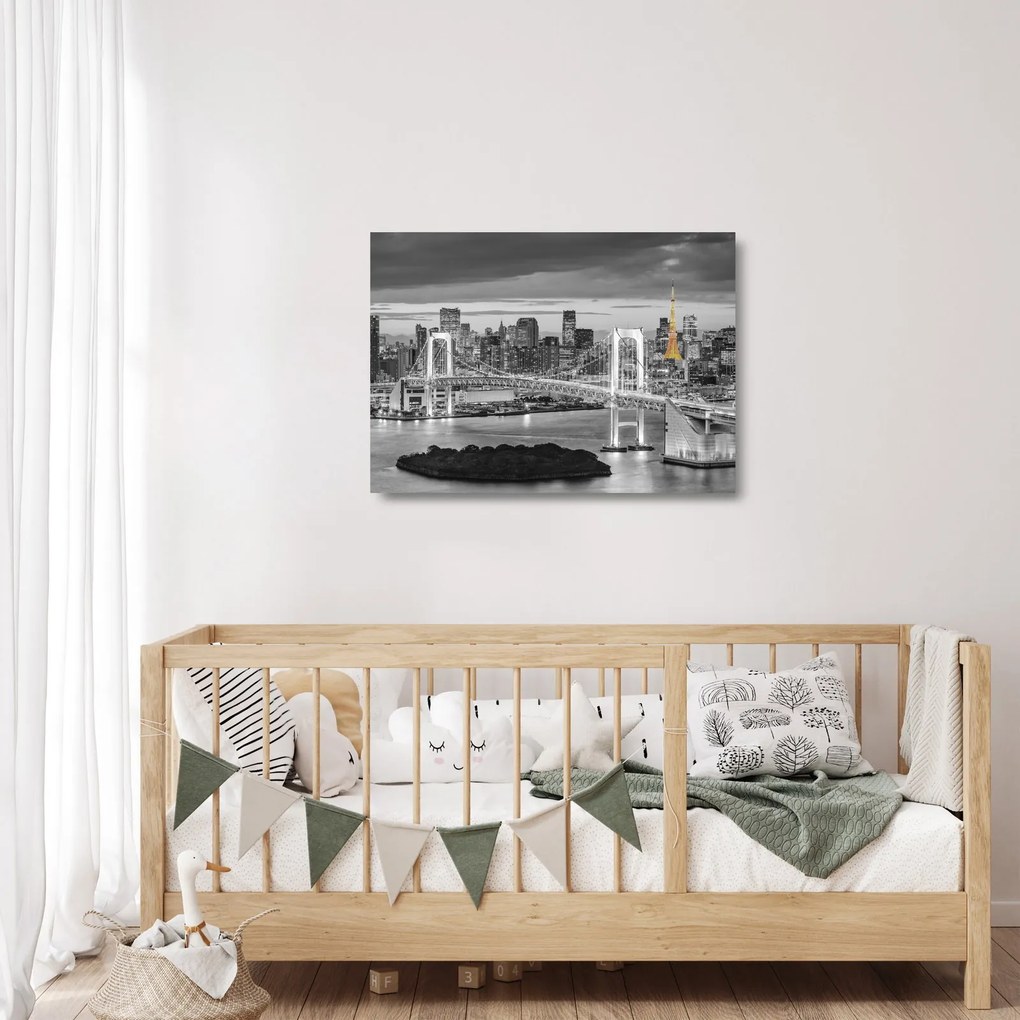 Obraz na szkle - Duże miasto z żółtą wieżą (70x50 cm)