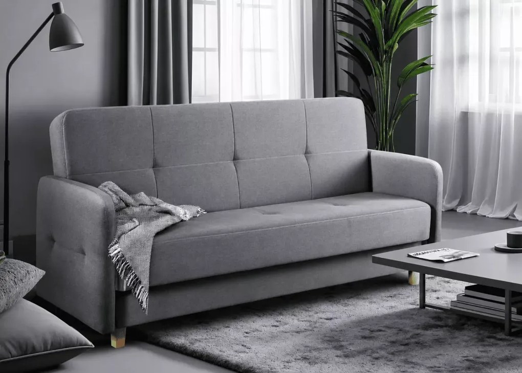 Sofa rozkładana Kareri z pojemnikiem na pościel i funkcją spania – welur, klasyczna