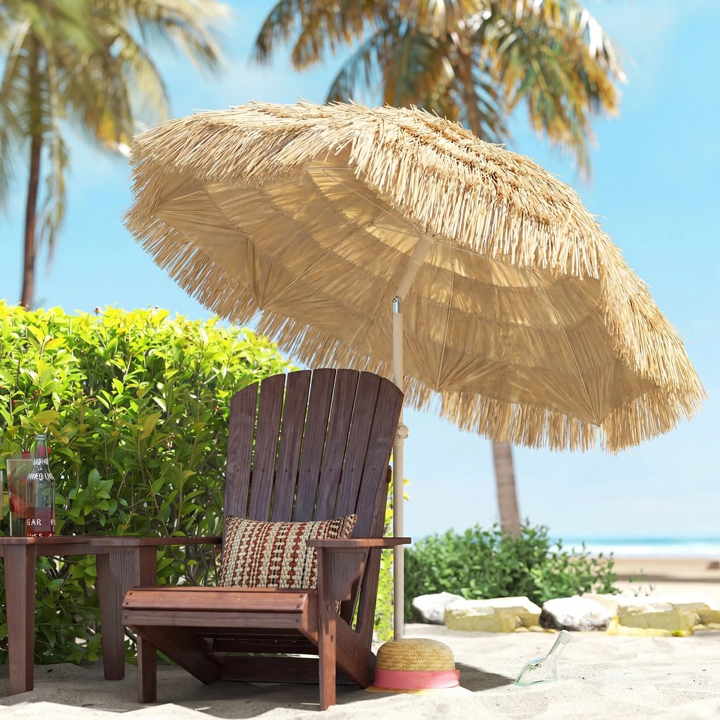 Outsunny Parasol plażowy Ø150 cm regulowany wysokość, parasol tiki z kotwicą do piasku, torba transportowa, idealny na balkon, plażę, kemping, kolor khaki | Aosom PL