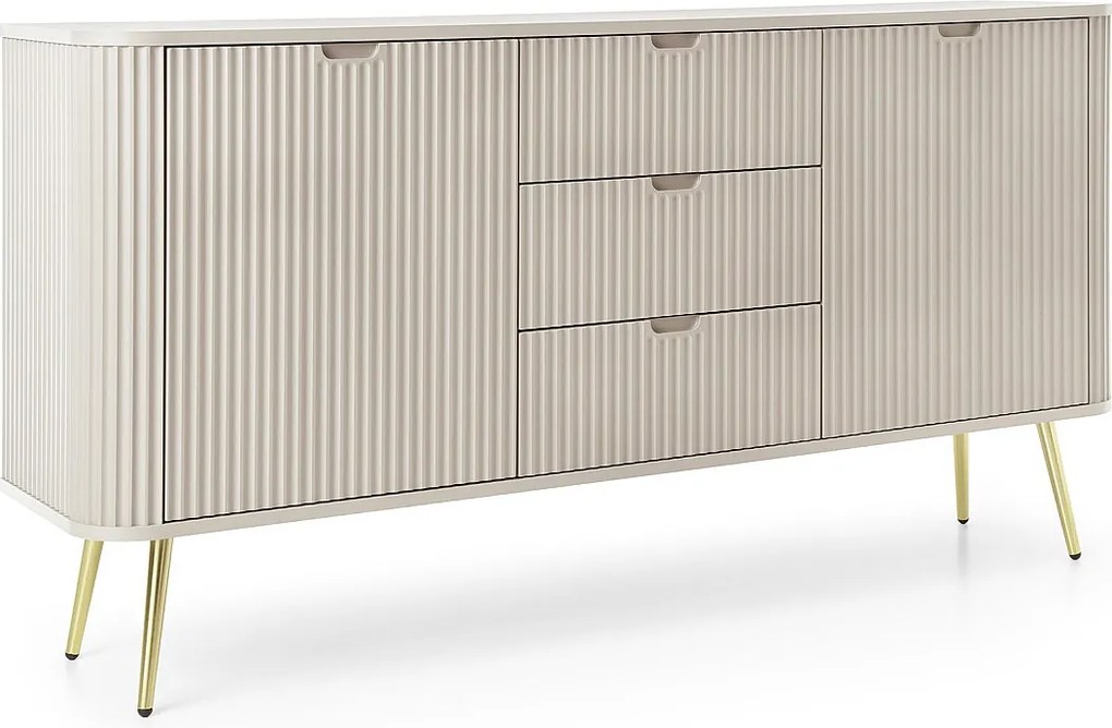 Szeroka komoda ZOVA 168 cm z 3 szufladami, 2 szafkami, uchwytami w nowoczesnym stylu, metalowe nóżki złote 168/87/39 cm, kolor: Czarny