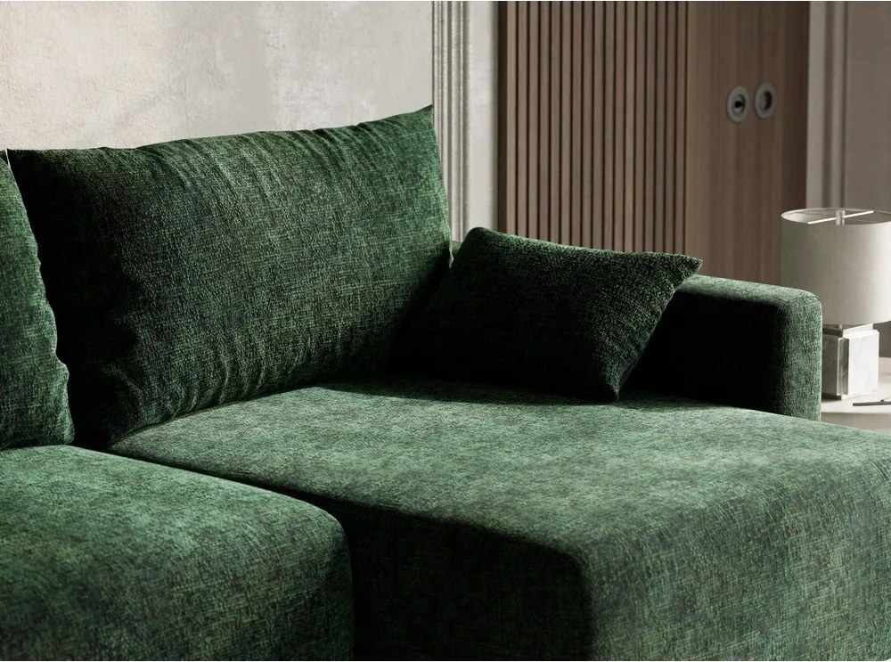 Ciemnozielony rozkładany narożnik ze schowkiem z tkaniny szenilowej (prawostronny/z szezlongiem) Leon – Maison de Rêve