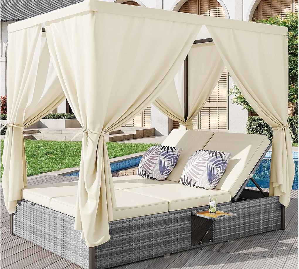 Leżak ogrodowy podwójny - z zasłoną przeciwsłoneczną - leżak rattanowy - z poduszką i składanym stołem - szary