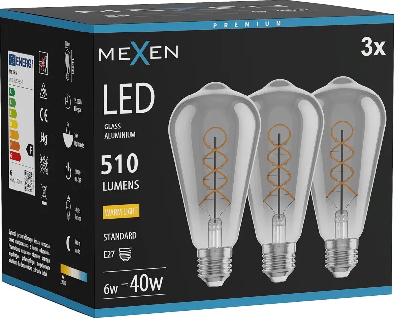 Mexen Vintis 3x żarówka filament spirala LED E27, ST64, 6W, Ciepła - 2700K, 510 lm, smoke - L162-E27-0627-70x03