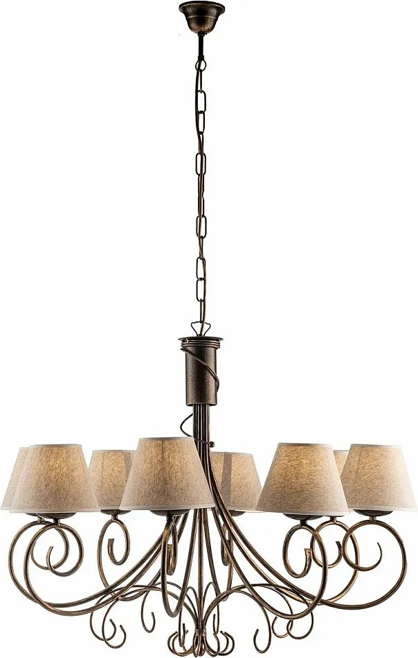 Żyrandol Wiedeń z brązowego lakierowanego żelaza, dekor stare złoto, abażury PVC z efektem juty Ø13", elegancki styl klasyczny, 8 świateł