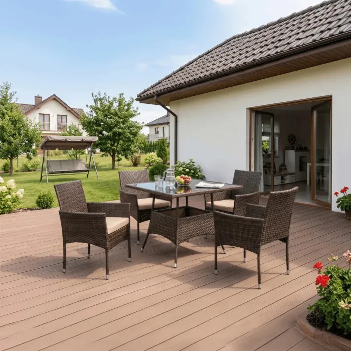 Zestaw Mebli Ogrodowych MORADO Stół i 4x Krzesło Brązowy/Beżowy Technorattan Nowoczesny