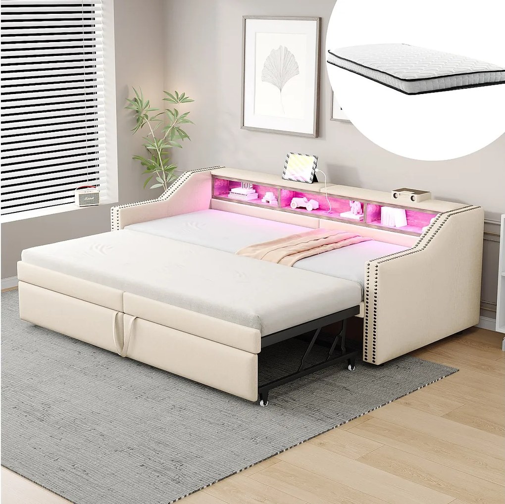 Rozkładana sofa rozkładana - 90/180 x 200 cm - z półkami do przechowywania + diody LED + USB - len + płyta MDF - beżowa (z 2 materacami)