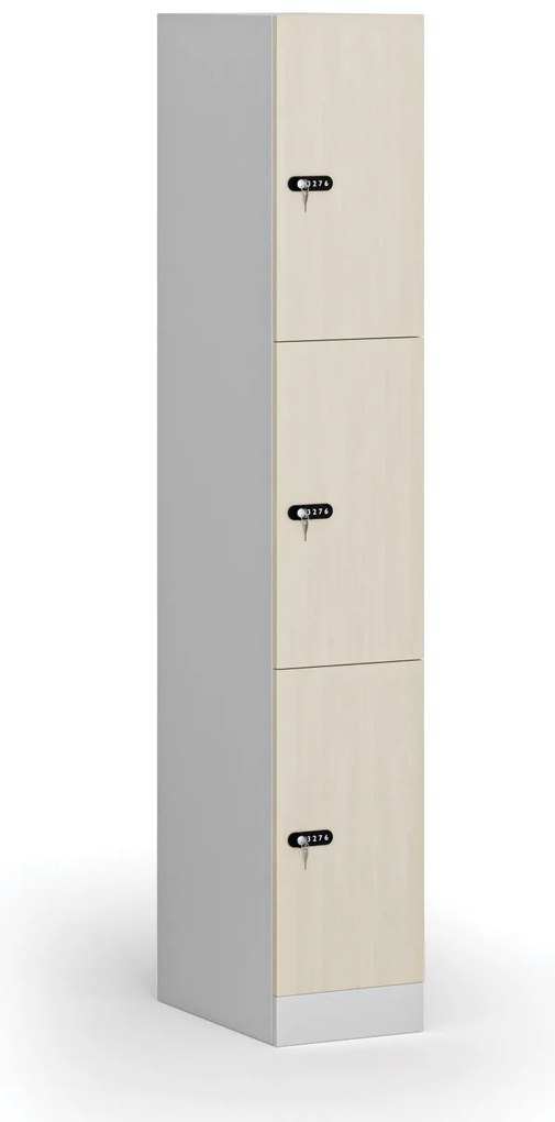 Szafka skrytkowa S1, 3 schowki, 1850 x 300 x 500 mm, zamek mechaniczny z kodem, drzwi laminowane, brzoza
