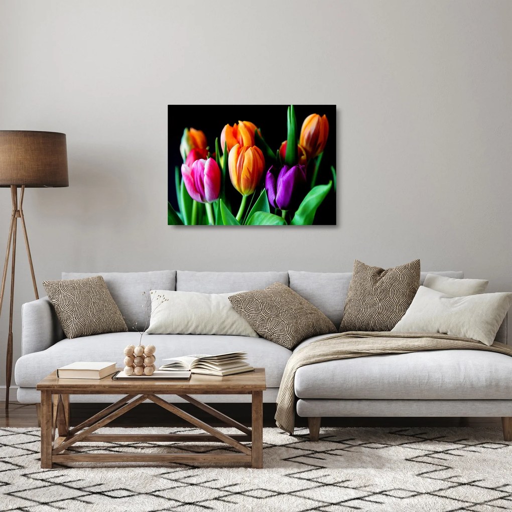 Obraz na szkle tulipanów na czarnym tle (70x50 cm)