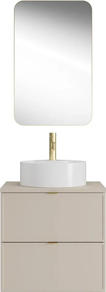 Wisząca szafka łazienkowa z okrągłą umywalką nablatową, baterią i lustrem - Beżowy - 60 cm - ONDIL