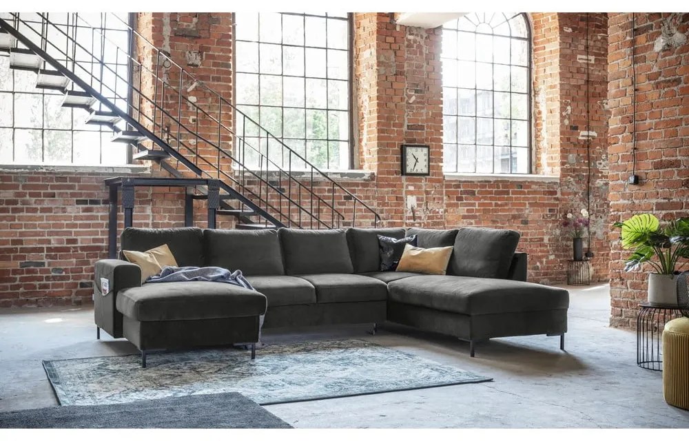 Ciemnoszara aksamitna rozkładana sofa w kształcie litery "U" Miuform Lofty Lilly, prawostronna