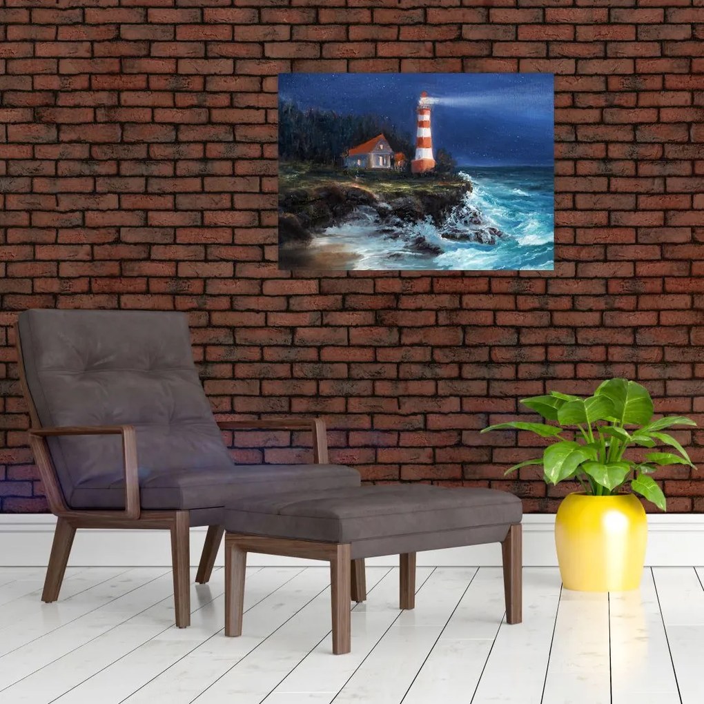Obraz na szkle - Latarnia morska na brzegu oceanu, akwarela (70x50 cm)