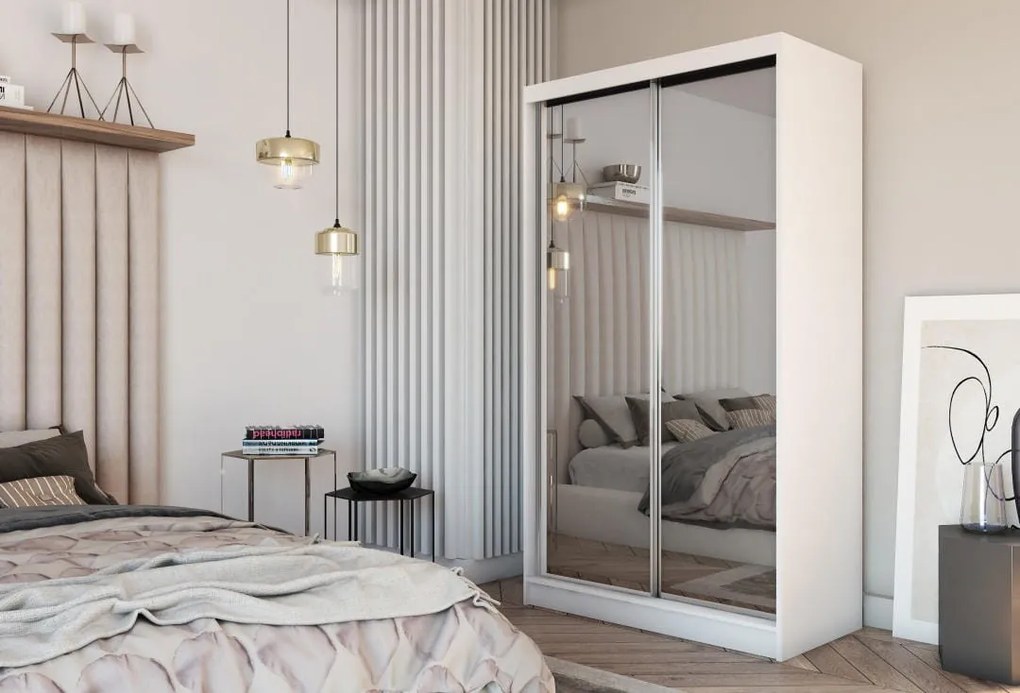 Szafa Przesuwna BELLINA 150 cm z Lustrem Szafa Dwudrzwiowa Biała