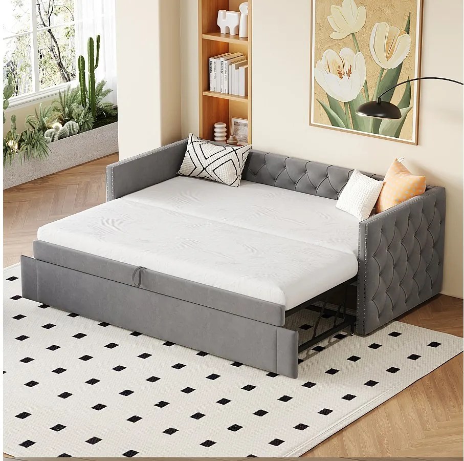 Sofa rozkładana 90/180 x 200 cm z zagłówkiem - miękki aksamit - stelaż listwowy - ciemnoszary (bez materaca)