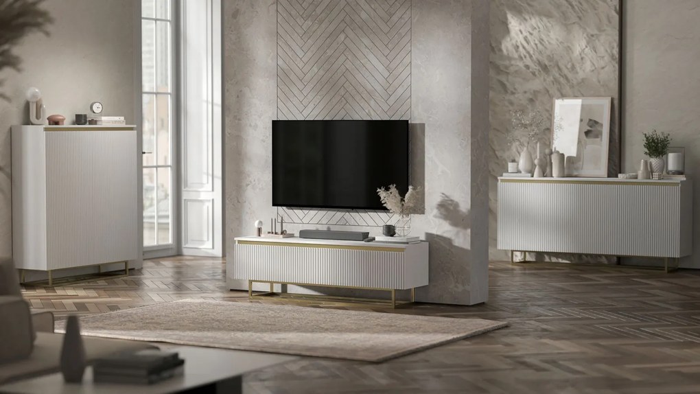 Ryflowana komoda z szafkami i szufladami Selene 3D3SZ, biała na złotych płozach