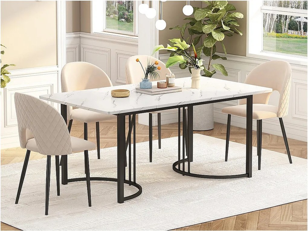 Stół jadalny 140x80 cm z regulowanymi nogami - konstrukcja metalowa - okleina w wzór marmuru - Biały i Czarny