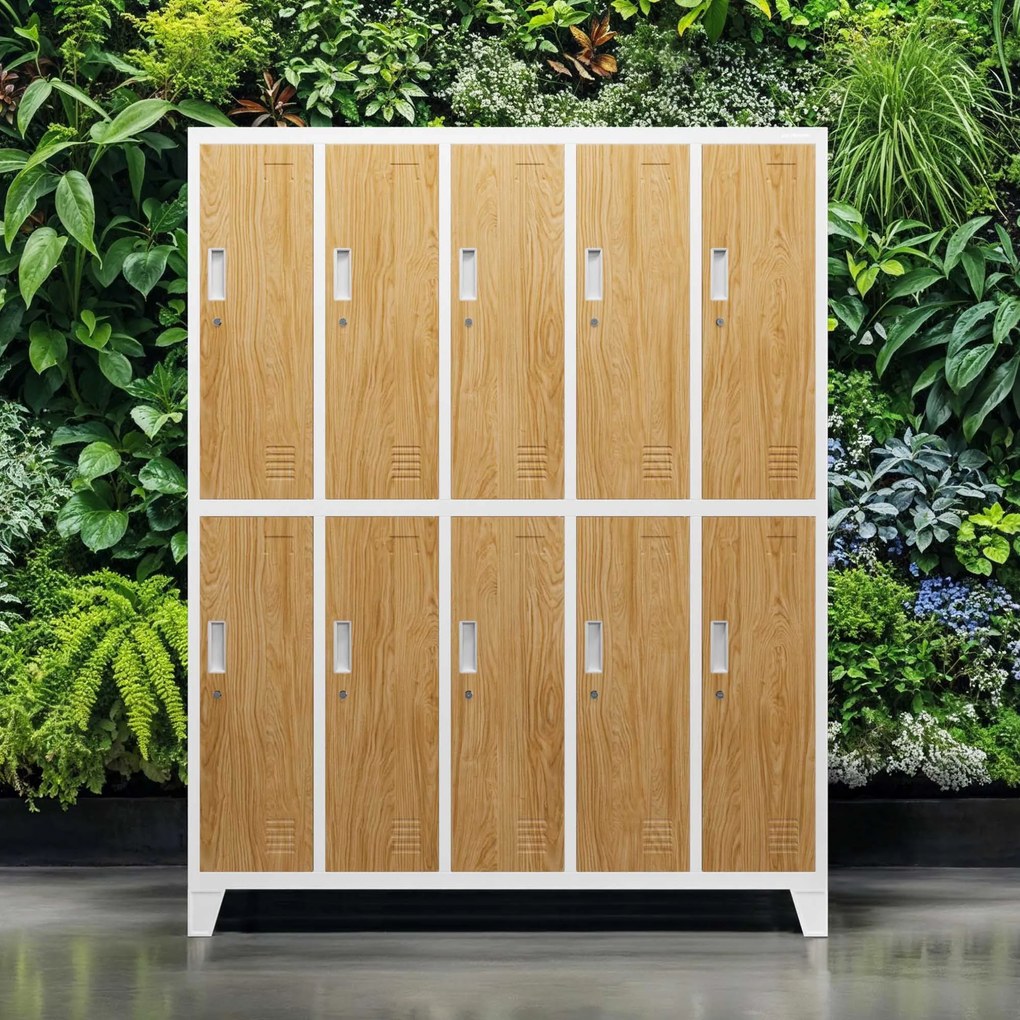 Szafa socjalna ubraniowa 10-drzwiowa biała/złoty dąb, 1360x1720x450 mm: BARTEK Eco Design