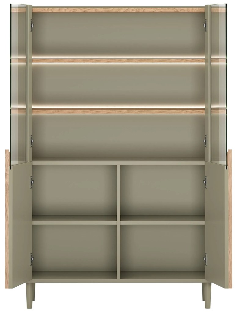 Witryna Amilio do salonu 100 cm na nóżkach - eukaliptus / dąb baltic dune / uchwyty dąb naturalny