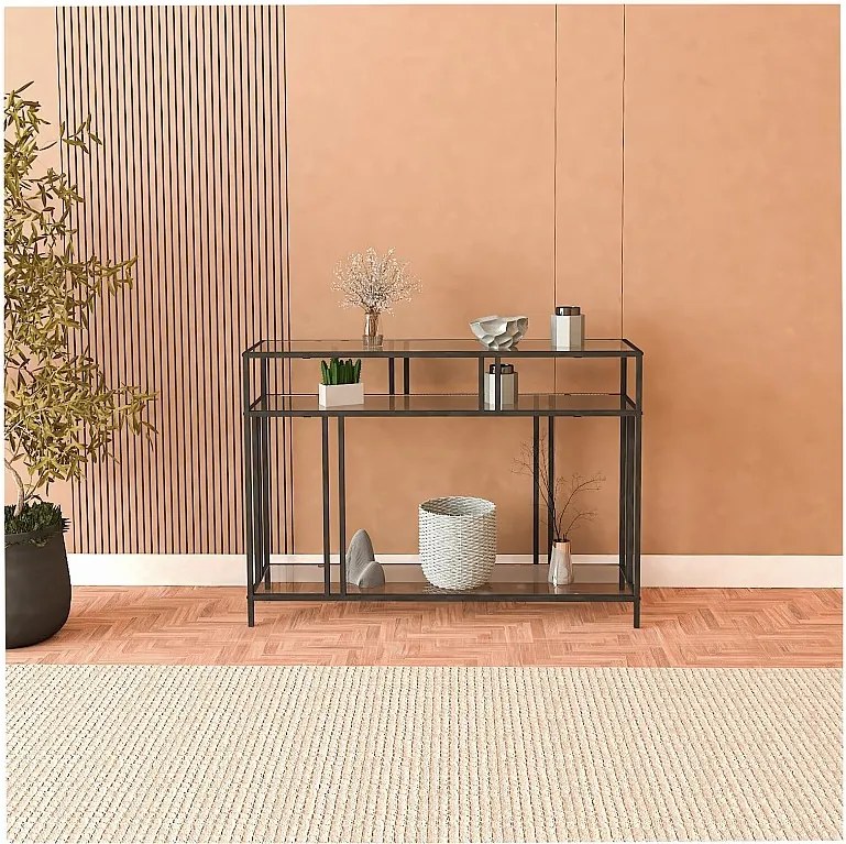 Komoda – 100 cm x 30 cm x 78 cm – Czarna i dymna – Szkło hartowane i metal